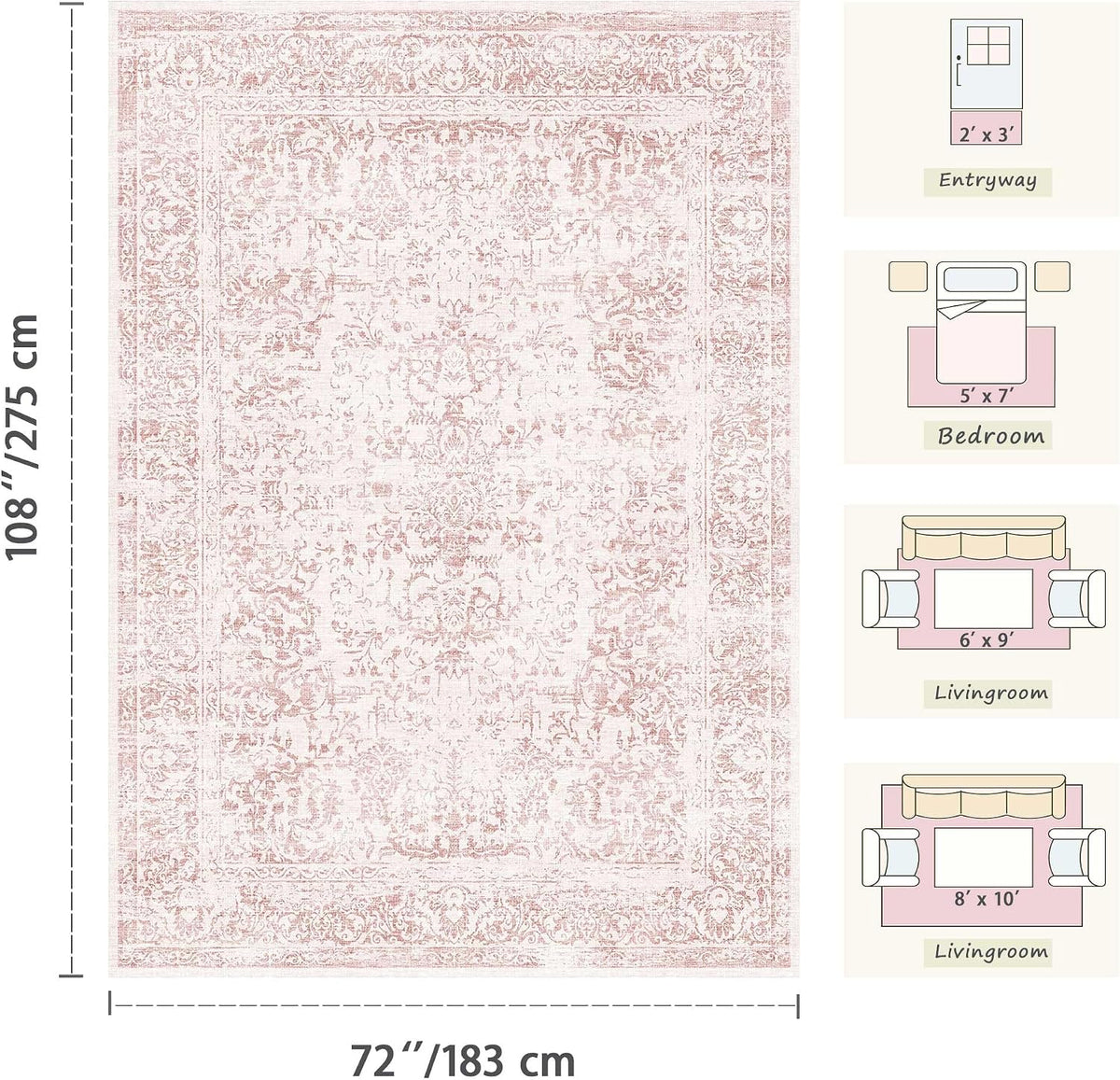 Pink Rug for Girls Bedroom Washable 6x9 Area Rugs for Living Room