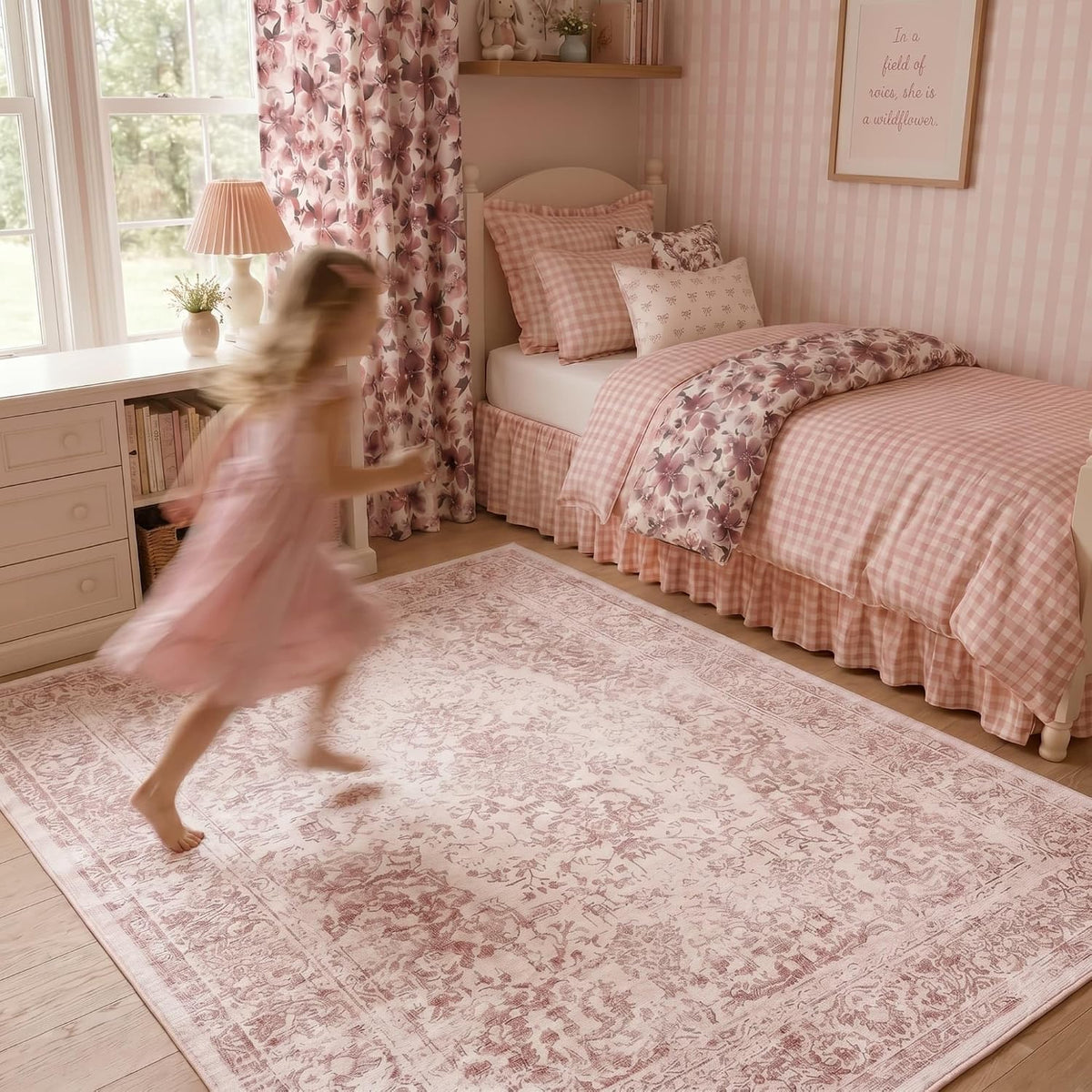 Pink Rug for Girls Bedroom Washable 6x9 Area Rugs for Living Room