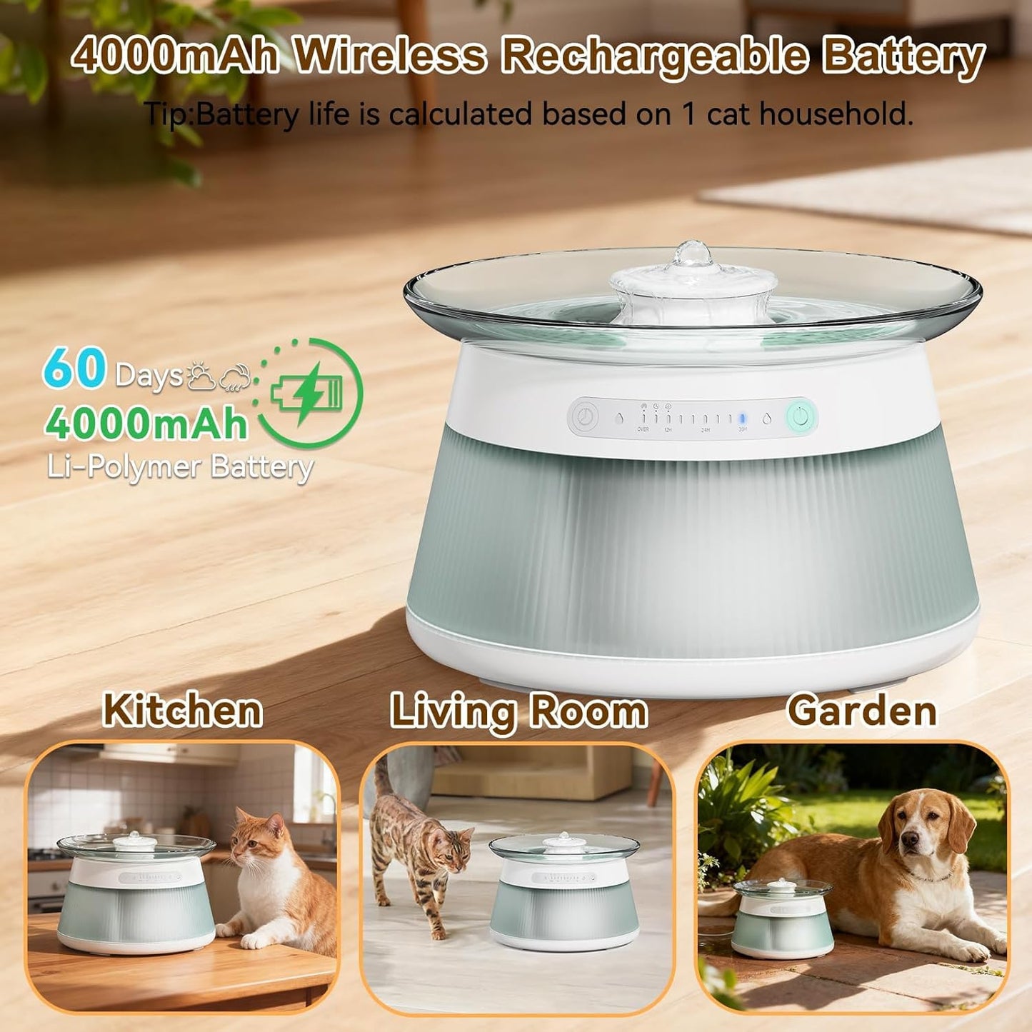 Glass Smart Pet Water Fountain,Cat Drinking Water Fountain Bowl No Filter,Battery Operated Filterless Pet Water Fountain