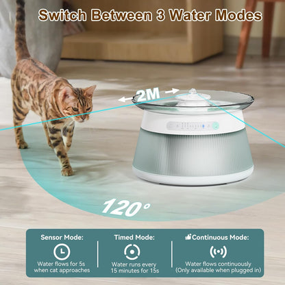 Glass Smart Pet Water Fountain,Cat Drinking Water Fountain Bowl No Filter,Battery Operated Filterless Pet Water Fountain