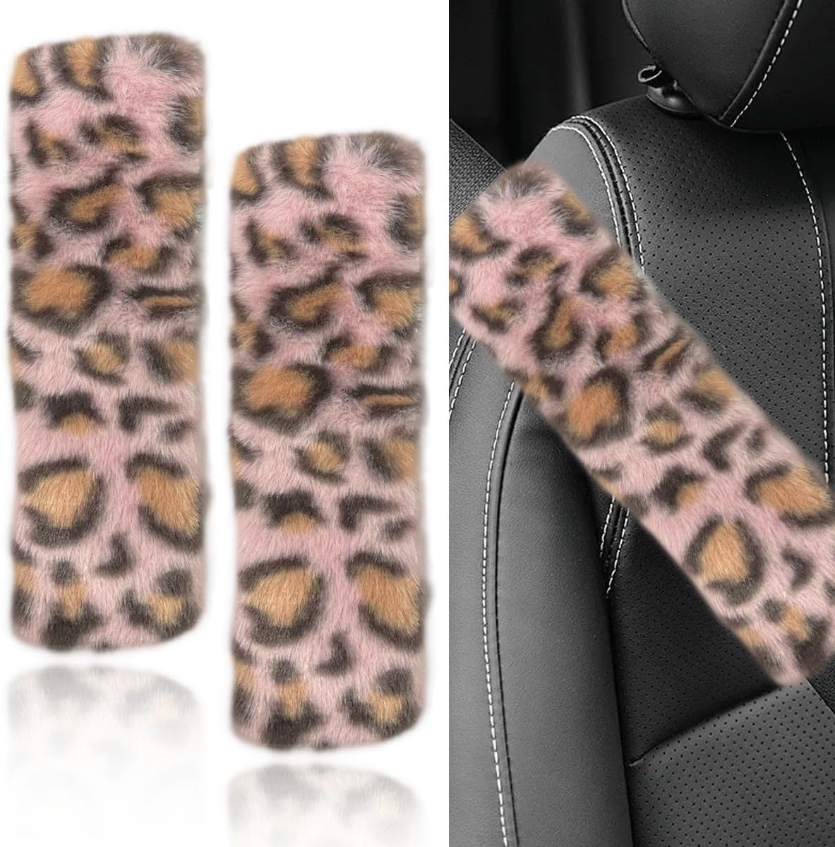 2PCS Leopard Print Car Seat Belt Cover, for Comfort Driving (Pink)
