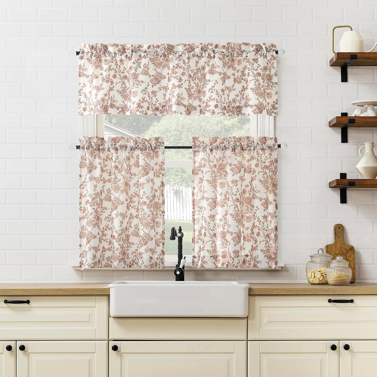Eloise Tonal Botanical Semi-Sheer Rod Pocket Kitchen Curtain Valance, Blush Pink, 54" W x 14" L