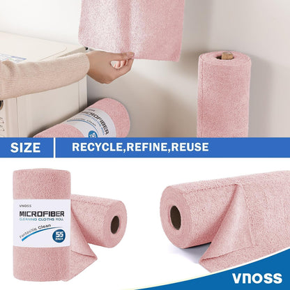 55 Pack Microfiber Cleaning Cloth Roll, Tear Away Reusable Towels, 11" X 9", Ultra Absorbent & Lint Free Cloth for Cars, Kitchen, Window, Home and Shop, Pink