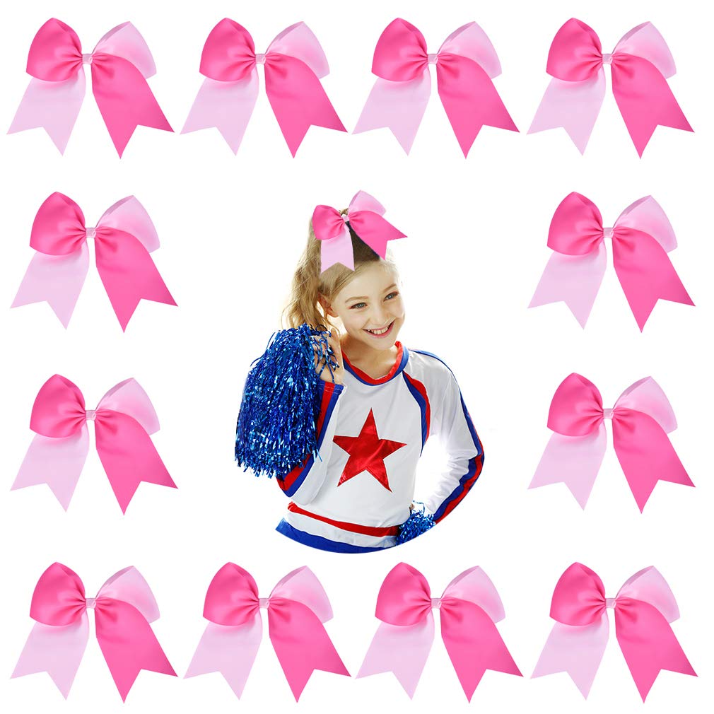 12PCS 8" Two Toned Large Cheer Hair Bows Ponytail Holder Handmade for Teen Girls Softball Cheerleader Sports-Light Pink/Bright Pink