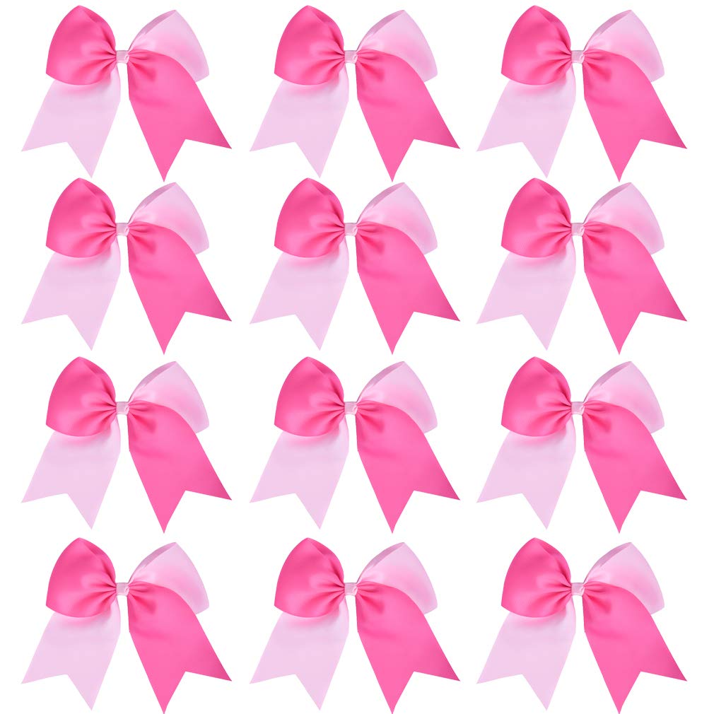 12PCS 8" Two Toned Large Cheer Hair Bows Ponytail Holder Handmade for Teen Girls Softball Cheerleader Sports-Light Pink/Bright Pink