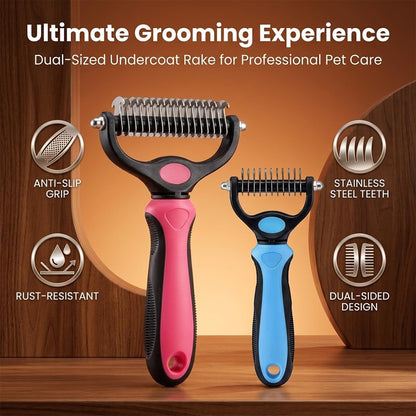 Deshedding Brush for Dogs and Cats: Undercoat Rake Pet Brush for Long Hair - Dematting Comb Removes Tangles Knots and Loose Fur, Grooming Tool for Thick Coats (pink, M+M)