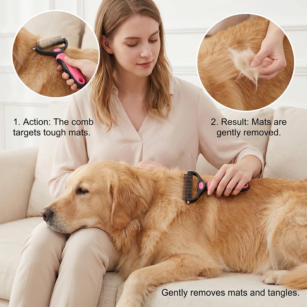 Deshedding Brush for Dogs and Cats: Undercoat Rake Pet Brush for Long Hair - Dematting Comb Removes Tangles Knots and Loose Fur, Grooming Tool for Thick Coats (pink, M+M)