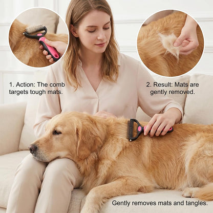 Deshedding Brush for Dogs and Cats: Undercoat Rake Pet Brush for Long Hair - Dematting Comb Removes Tangles Knots and Loose Fur, Grooming Tool for Thick Coats (pink, M+M)