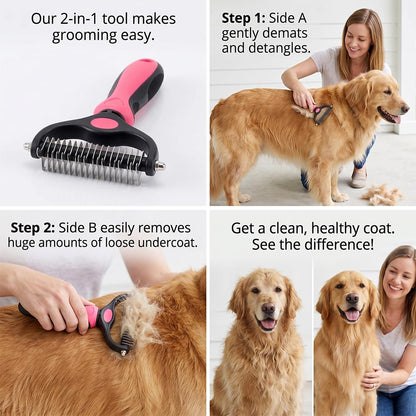 Deshedding Brush for Dogs and Cats: Undercoat Rake Pet Brush for Long Hair - Dematting Comb Removes Tangles Knots and Loose Fur, Grooming Tool for Thick Coats (pink, M+M)