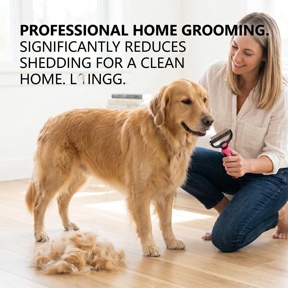 Deshedding Brush for Dogs and Cats: Undercoat Rake Pet Brush for Long Hair - Dematting Comb Removes Tangles Knots and Loose Fur, Grooming Tool for Thick Coats (pink, M+M)