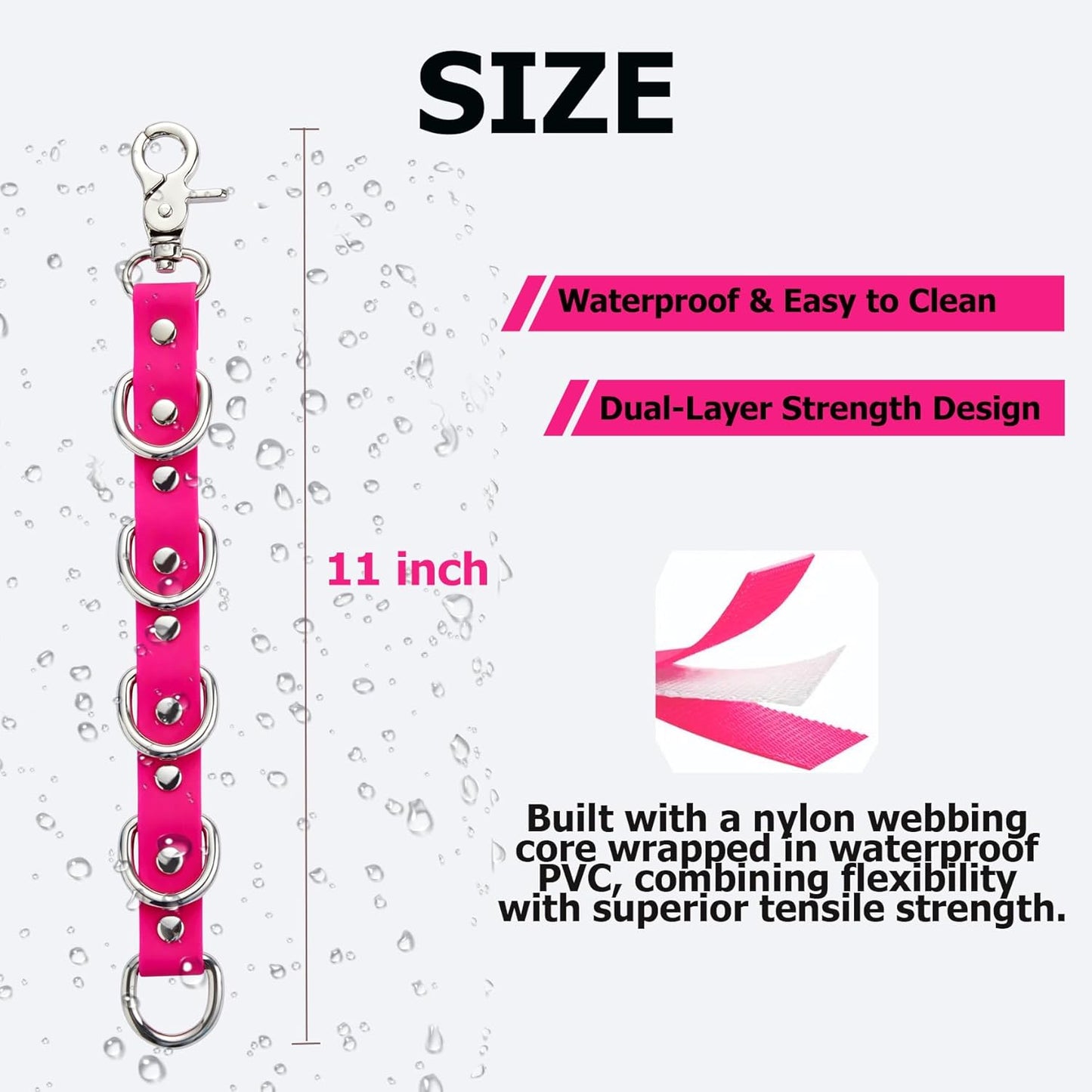 Dog Grooming Loop Extension Strap with 5 D-Rings – 3/4 Inch Wide Waterproof PVC Connector Strap for Pet Safety, Grooming Tables & Bathing (Hot Pink, 11 inch (5 D-Ring))