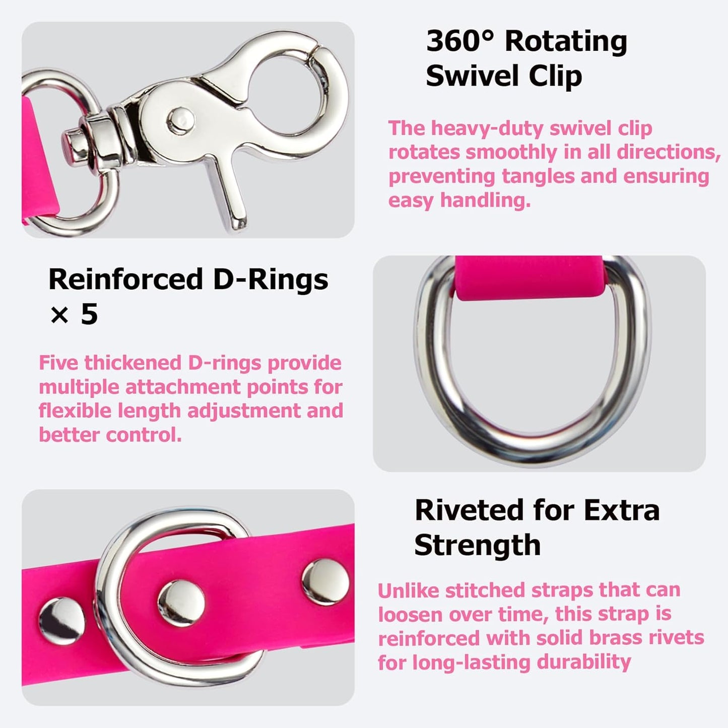 Dog Grooming Loop Extension Strap with 5 D-Rings – 3/4 Inch Wide Waterproof PVC Connector Strap for Pet Safety, Grooming Tables & Bathing (Hot Pink, 11 inch (5 D-Ring))