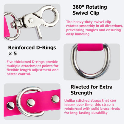 Dog Grooming Loop Extension Strap with 5 D-Rings – 3/4 Inch Wide Waterproof PVC Connector Strap for Pet Safety, Grooming Tables & Bathing (Hot Pink, 11 inch (5 D-Ring))