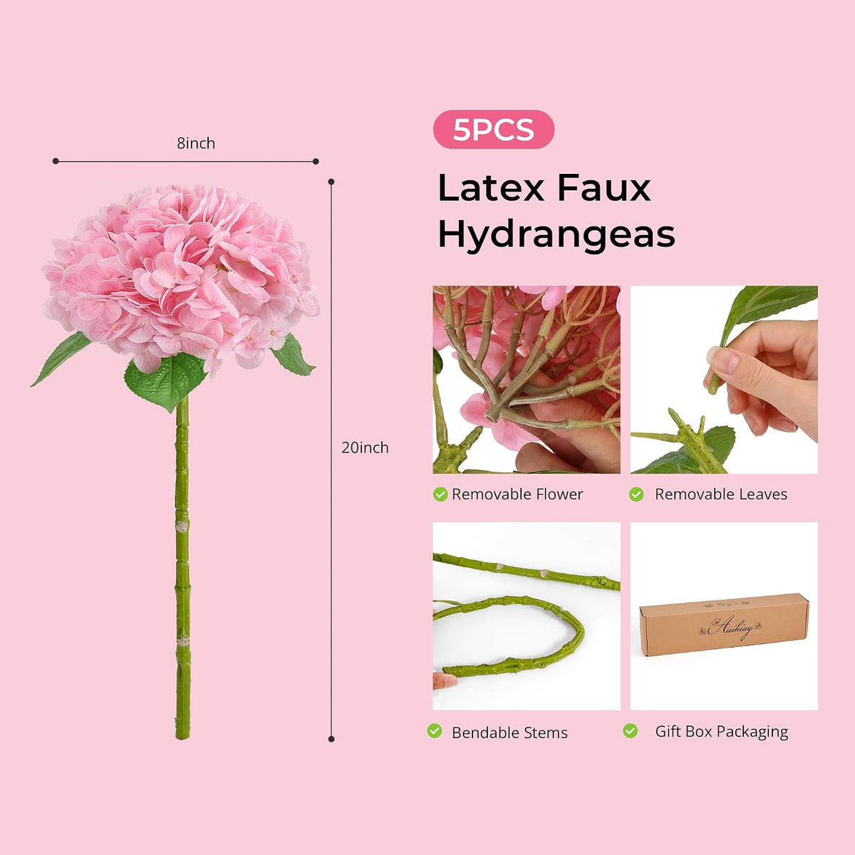 5Pcs Pink Hydrangea Artificial Flowers, 21in Faux Hydrangeas
