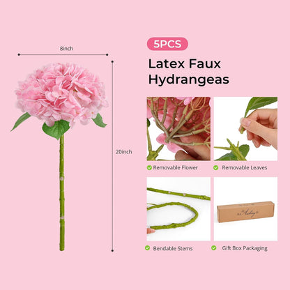 5Pcs Pink Hydrangea Artificial Flowers, 21in Faux Hydrangeas