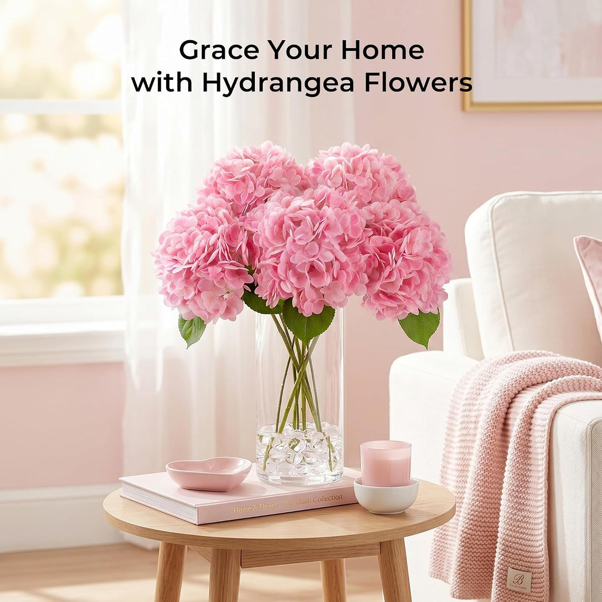 5Pcs Pink Hydrangea Artificial Flowers, 21in Faux Hydrangeas