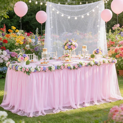 Light Pink Tablecloth for 6 Foot Rectangle Table, Baby Pink Tulle Tutu Tables Skirt Party Table Cover 6ft Baby Shower Banquet Dessert Wedding Pink Tables Cloths Ruffle Bridal Shower