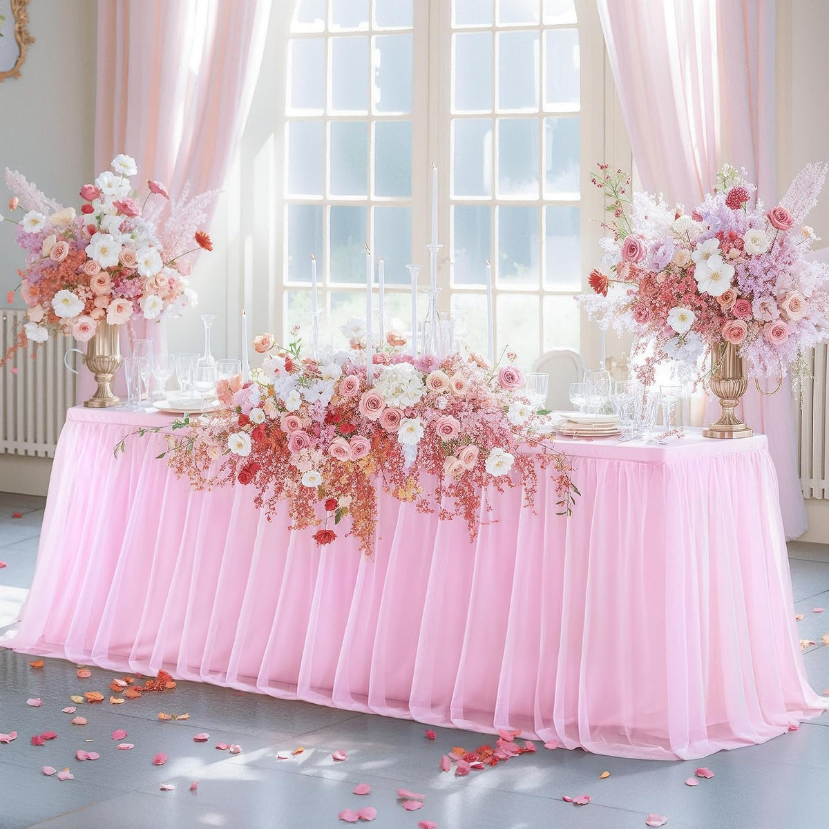 Light Pink Tablecloth for 6 Foot Rectangle Table, Baby Pink Tulle Tutu Tables Skirt Party Table Cover 6ft Baby Shower Banquet Dessert Wedding Pink Tables Cloths Ruffle Bridal Shower