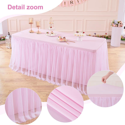 Light Pink Tablecloth for 6 Foot Rectangle Table, Baby Pink Tulle Tutu Tables Skirt Party Table Cover 6ft Baby Shower Banquet Dessert Wedding Pink Tables Cloths Ruffle Bridal Shower