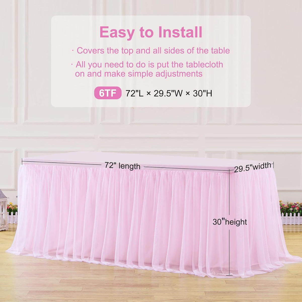 Light Pink Tablecloth for 6 Foot Rectangle Table, Baby Pink Tulle Tutu Tables Skirt Party Table Cover 6ft Baby Shower Banquet Dessert Wedding Pink Tables Cloths Ruffle Bridal Shower