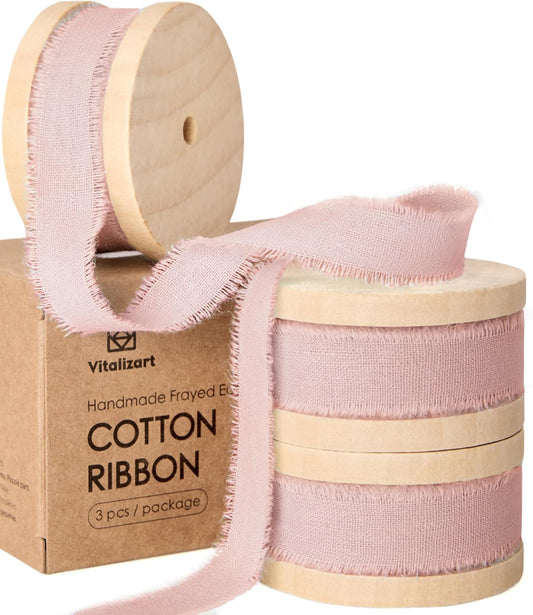 Pink Cotton Ribbon Handmade Fringe 5/8" x 21 Yd Pure Natural Cotton Ribbons for Valentines Days Gift Wrapping Wedding Invites Bridal Shower Bouquets Holiday Decor Light Pink