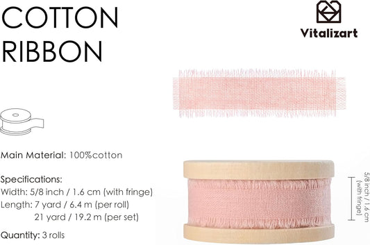 Pink Cotton Ribbon Handmade Fringe 5/8" x 21 Yd Pure Natural Cotton Ribbons for Valentines Days Gift Wrapping Wedding Invites Bridal Shower Bouquets Holiday Decor Light Pink