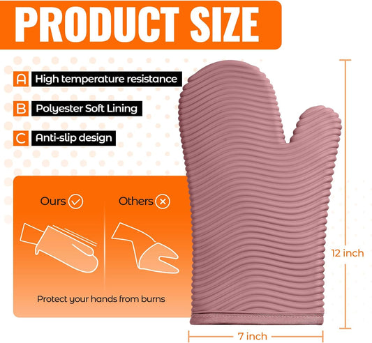 Silicone Oven Mitts,Heat Resistant Oven Gloves with Soft Polyester Filling,Perfect for BBQ, Baking and Cooking,Pink,2 Pcs Set
