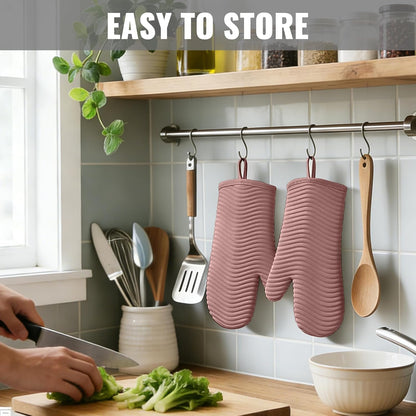 Silicone Oven Mitts,Heat Resistant Oven Gloves with Soft Polyester Filling,Perfect for BBQ, Baking and Cooking,Pink,2 Pcs Set