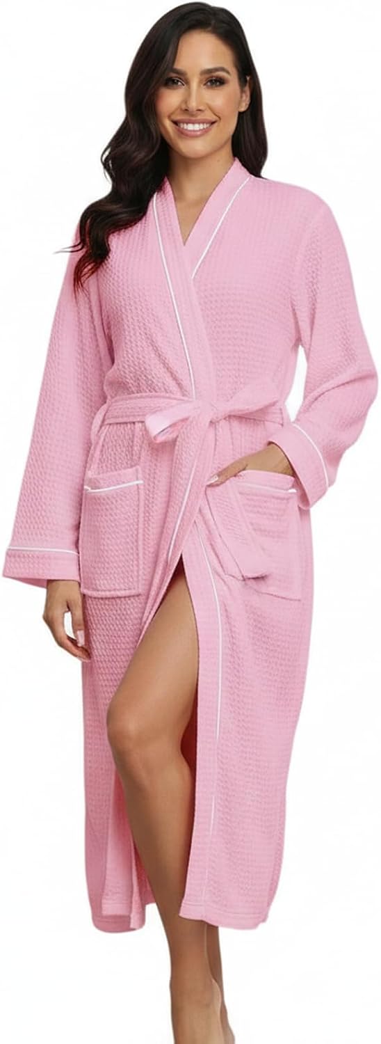 Womens Waffle Robe Waffle Long Sleeve Bathrobe with Belted and Pockets Lightweight Housecoat S-XXL