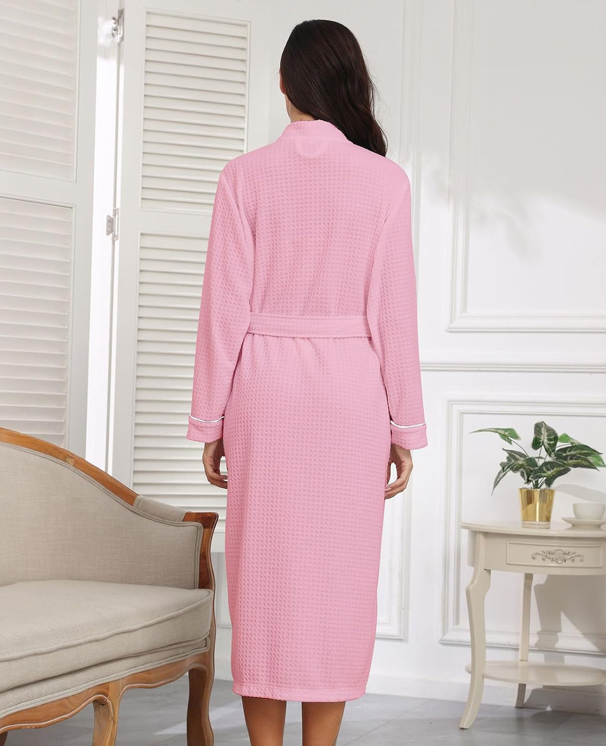 Womens Waffle Robe Waffle Long Sleeve Bathrobe with Belted and Pockets Lightweight Housecoat S-XXL