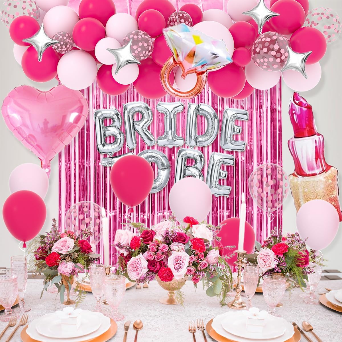 Classy Pink Bachelorette Party Decorations - Rose Red Hot Pink Balloons Bride To Be Balloons Fringe Curtain for Girls Last Rodeo Bridal Shower Bride To Be Bachelorette Decorations Naughty