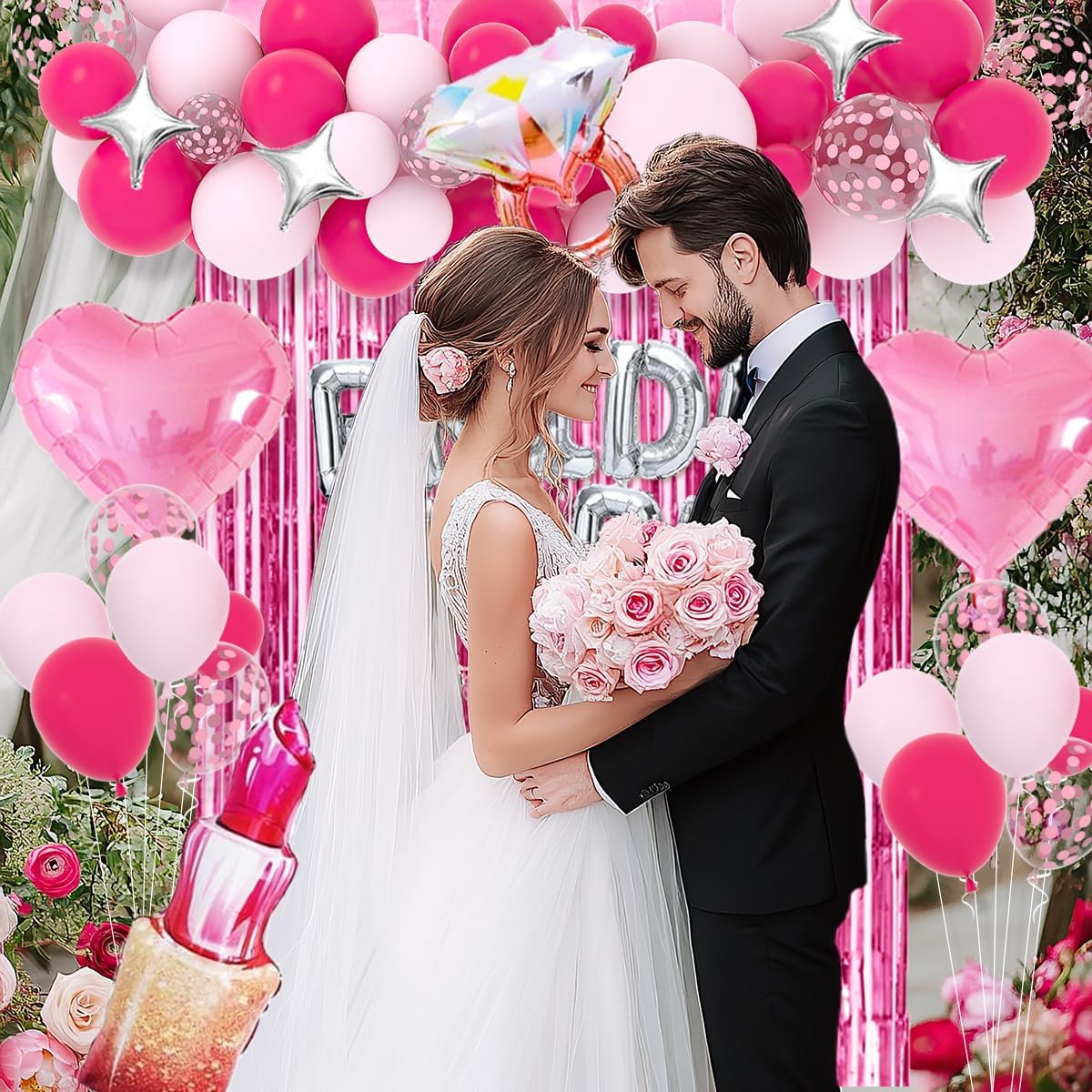 Classy Pink Bachelorette Party Decorations - Rose Red Hot Pink Balloons Bride To Be Balloons Fringe Curtain for Girls Last Rodeo Bridal Shower Bride To Be Bachelorette Decorations Naughty
