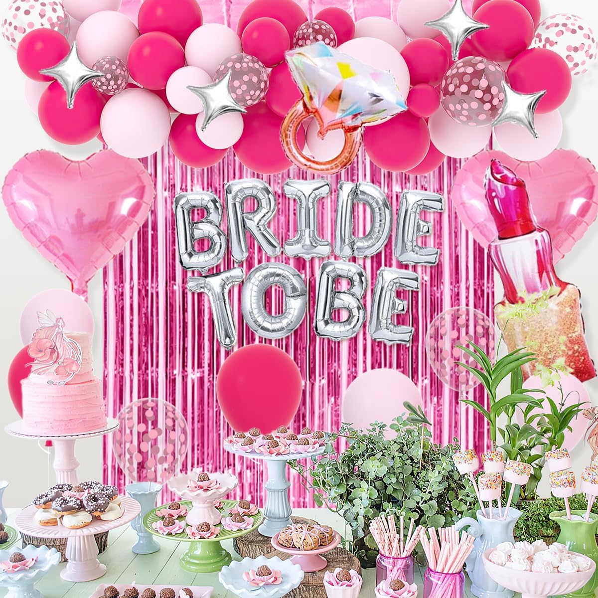 Classy Pink Bachelorette Party Decorations - Rose Red Hot Pink Balloons Bride To Be Balloons Fringe Curtain for Girls Last Rodeo Bridal Shower Bride To Be Bachelorette Decorations Naughty
