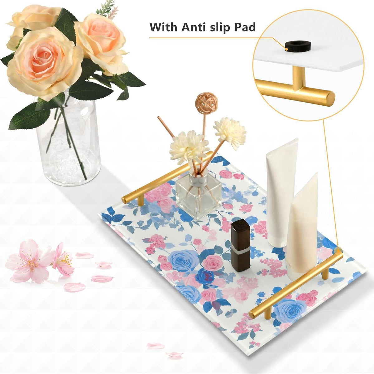 White Peach Blue Pastel Rose Decorative Eating Tray with Handles Board Serving Tray for Jewelry Perfume for Modern Serving bandeja para servir Cafe