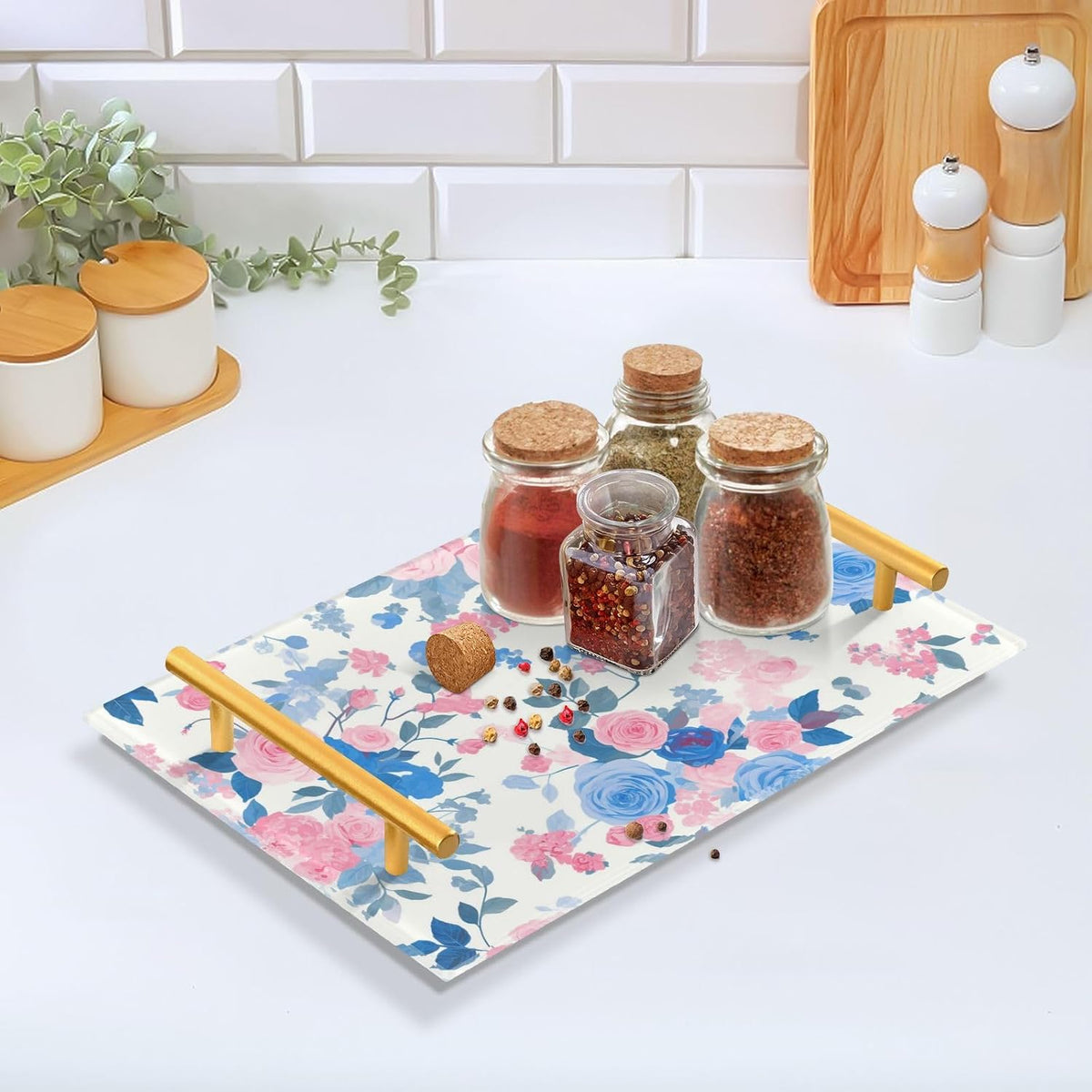 White Peach Blue Pastel Rose Decorative Eating Tray with Handles Board Serving Tray for Jewelry Perfume for Modern Serving bandeja para servir Cafe