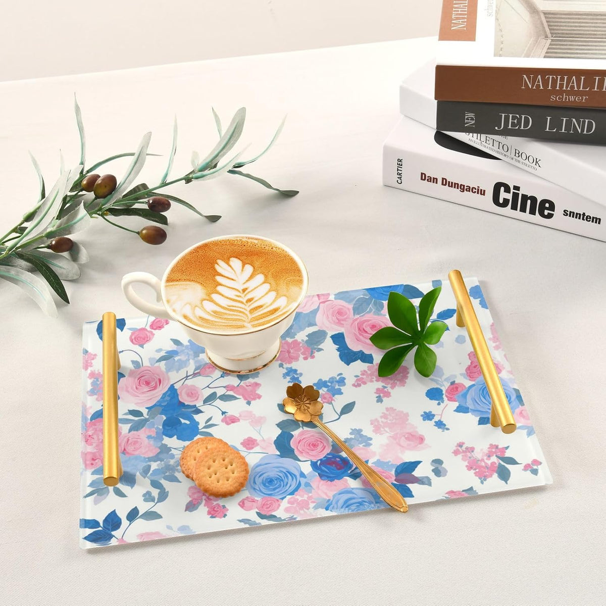 White Peach Blue Pastel Rose Decorative Eating Tray with Handles Board Serving Tray for Jewelry Perfume for Modern Serving bandeja para servir Cafe