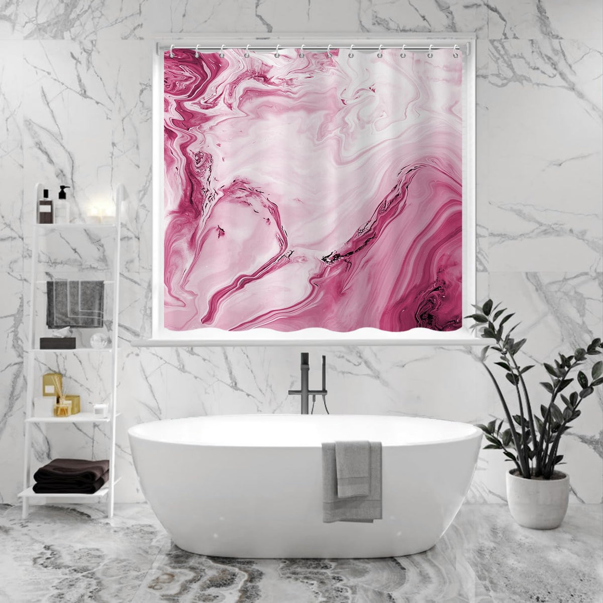 Pink Shower Window Curtains, Modern Abstract Marble Bathroom Window Curtain Small Short Bathroom Window Curtain Waterproof Fabric Machine Washable 8 PCS Hooks,40" Wx36 L