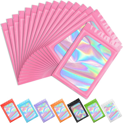 100 pcs Pink Smell Proof Mylar Holographic Bags Packaging Bags,2.4x3.9Inch Clear Resealable Odor Proof Bag Foil Pouch Bag for Food Storage,Lipgloss,Jewelry,Eyelash Packaging Small Business