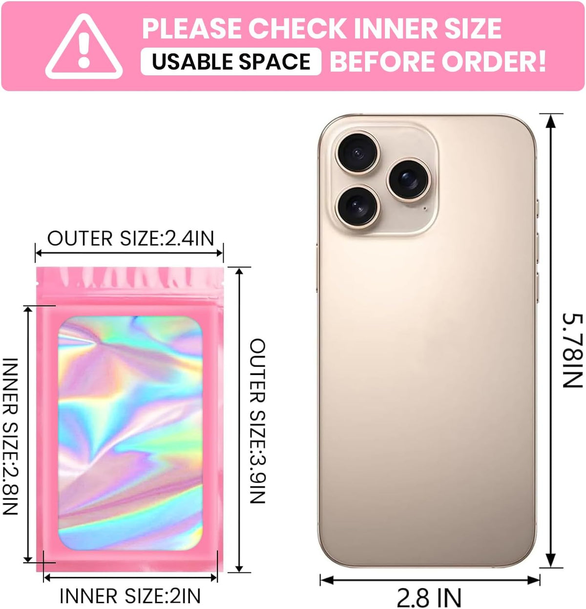 100 pcs Pink Smell Proof Mylar Holographic Bags Packaging Bags,2.4x3.9Inch Clear Resealable Odor Proof Bag Foil Pouch Bag for Food Storage,Lipgloss,Jewelry,Eyelash Packaging Small Business