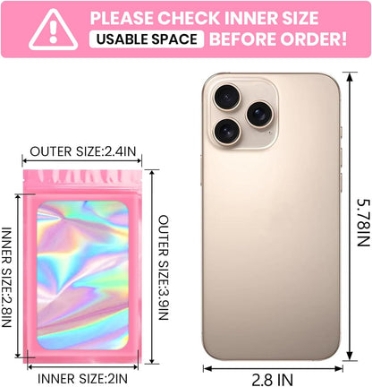 100 pcs Pink Smell Proof Mylar Holographic Bags Packaging Bags,2.4x3.9Inch Clear Resealable Odor Proof Bag Foil Pouch Bag for Food Storage,Lipgloss,Jewelry,Eyelash Packaging Small Business