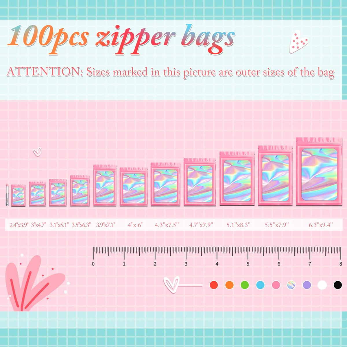 100 pcs Pink Smell Proof Mylar Holographic Bags Packaging Bags,2.4x3.9Inch Clear Resealable Odor Proof Bag Foil Pouch Bag for Food Storage,Lipgloss,Jewelry,Eyelash Packaging Small Business
