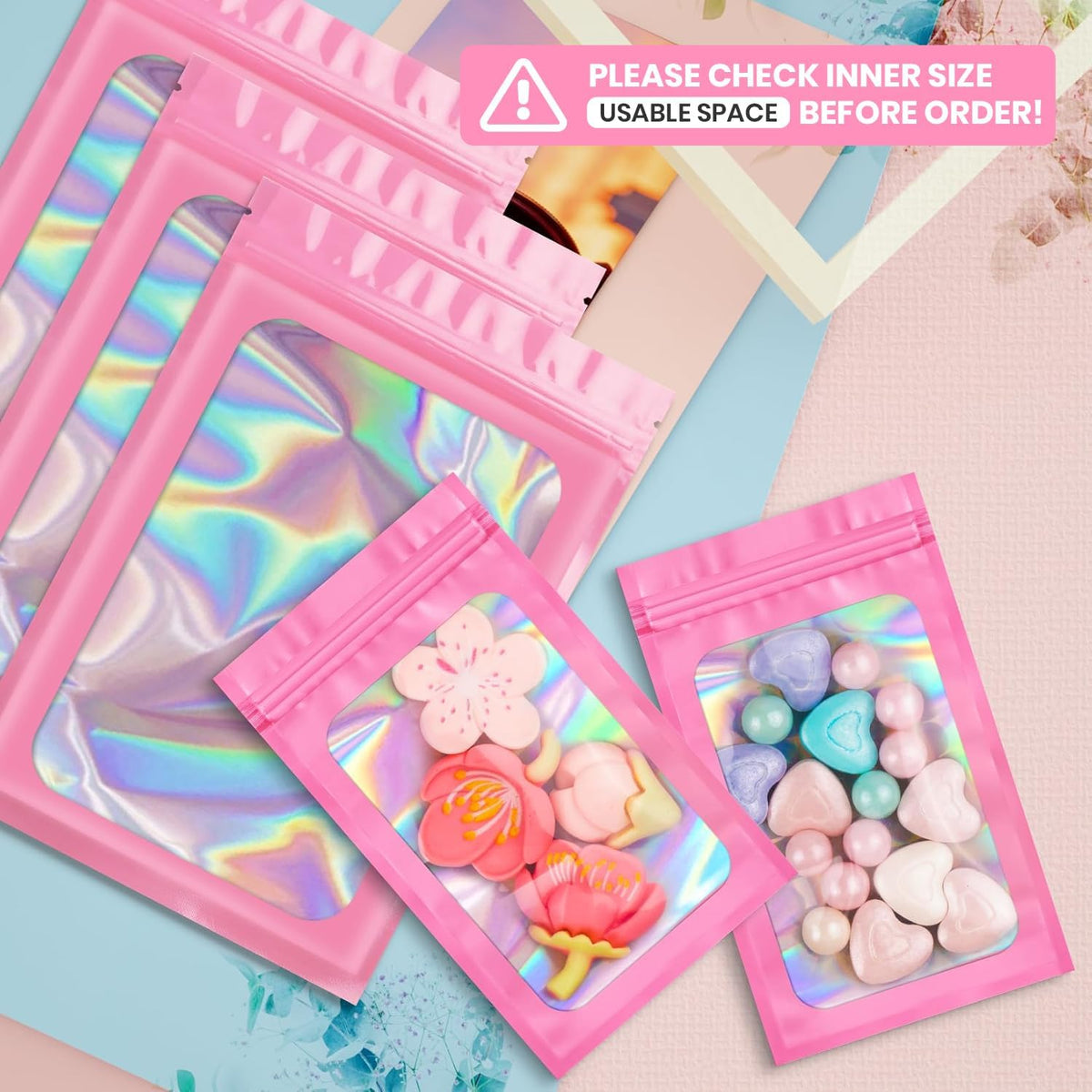 100 pcs Pink Smell Proof Mylar Holographic Bags Packaging Bags,2.4x3.9Inch Clear Resealable Odor Proof Bag Foil Pouch Bag for Food Storage,Lipgloss,Jewelry,Eyelash Packaging Small Business