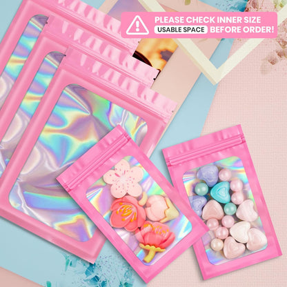 100 pcs Pink Smell Proof Mylar Holographic Bags Packaging Bags,2.4x3.9Inch Clear Resealable Odor Proof Bag Foil Pouch Bag for Food Storage,Lipgloss,Jewelry,Eyelash Packaging Small Business