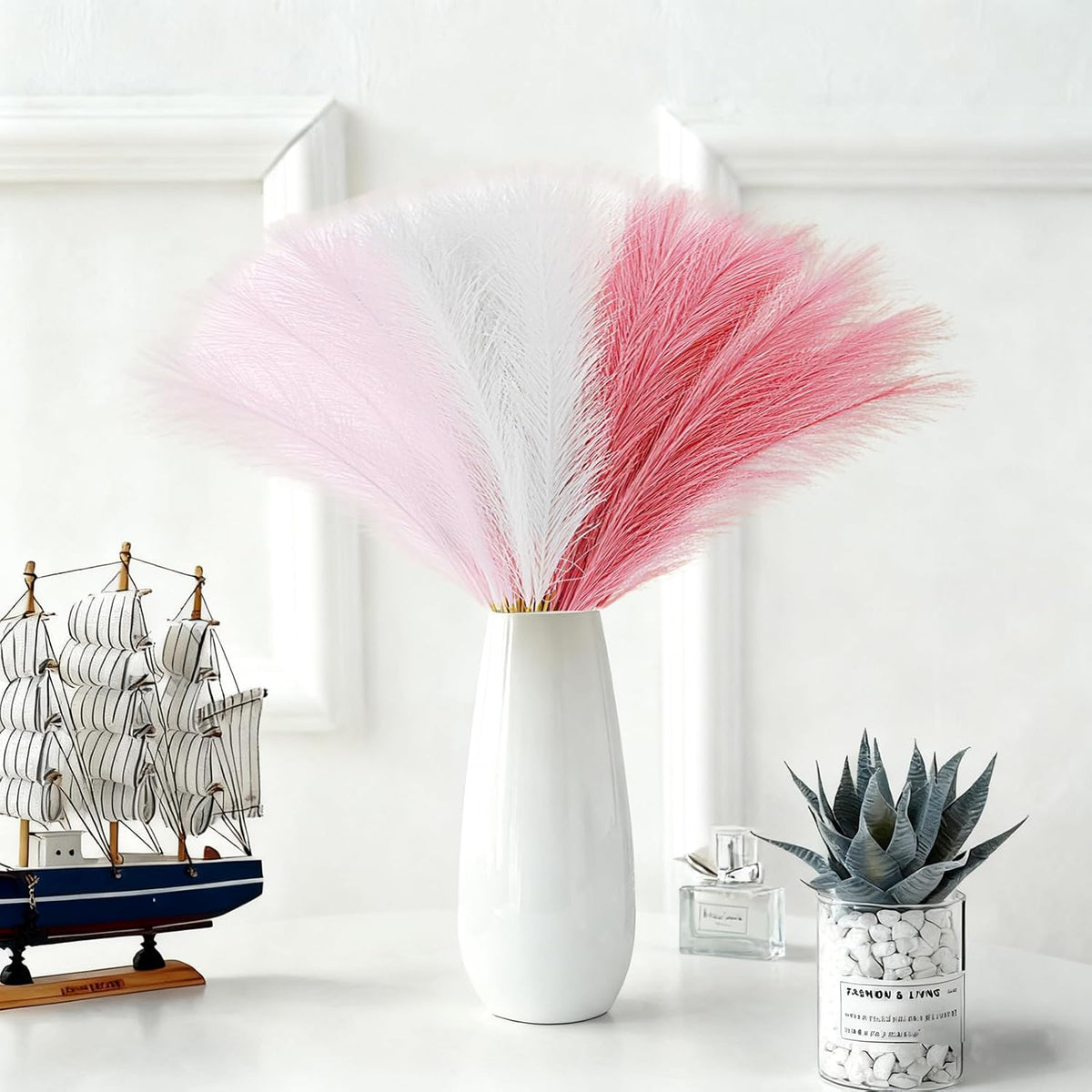 30Pcs Faux Pampas Grass,21.6" Artificial Pompous Grass for Home Wedding Boho Valentine St. Patrick Independence Halloween Fall Christmas Party Decor,Blush Pink White
