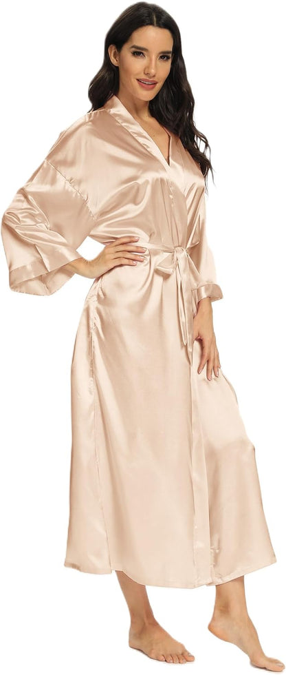 Women's Long Silk Robes Lightweight Long Satin Robes Full Length Sleepwear Dressing Gown