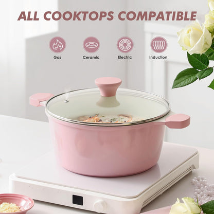Ceramic Nonstick Stock Pot with Lid, 4.5 Quart, Pink