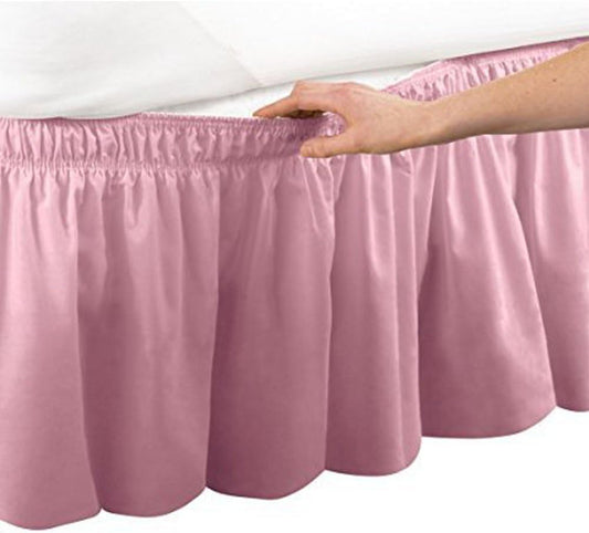 Pleated Three Sides Fabrics Wrap Around Style Egyptian Cotton Elastic 17 inch Drop Dust Bed Skirt for Twin/Full,Queen,King Size Beds(Queen, Pink)