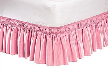 Pleated Three Sides Fabrics Wrap Around Style Egyptian Cotton Elastic 17 inch Drop Dust Bed Skirt for Twin/Full,Queen,King Size Beds(Queen, Pink)