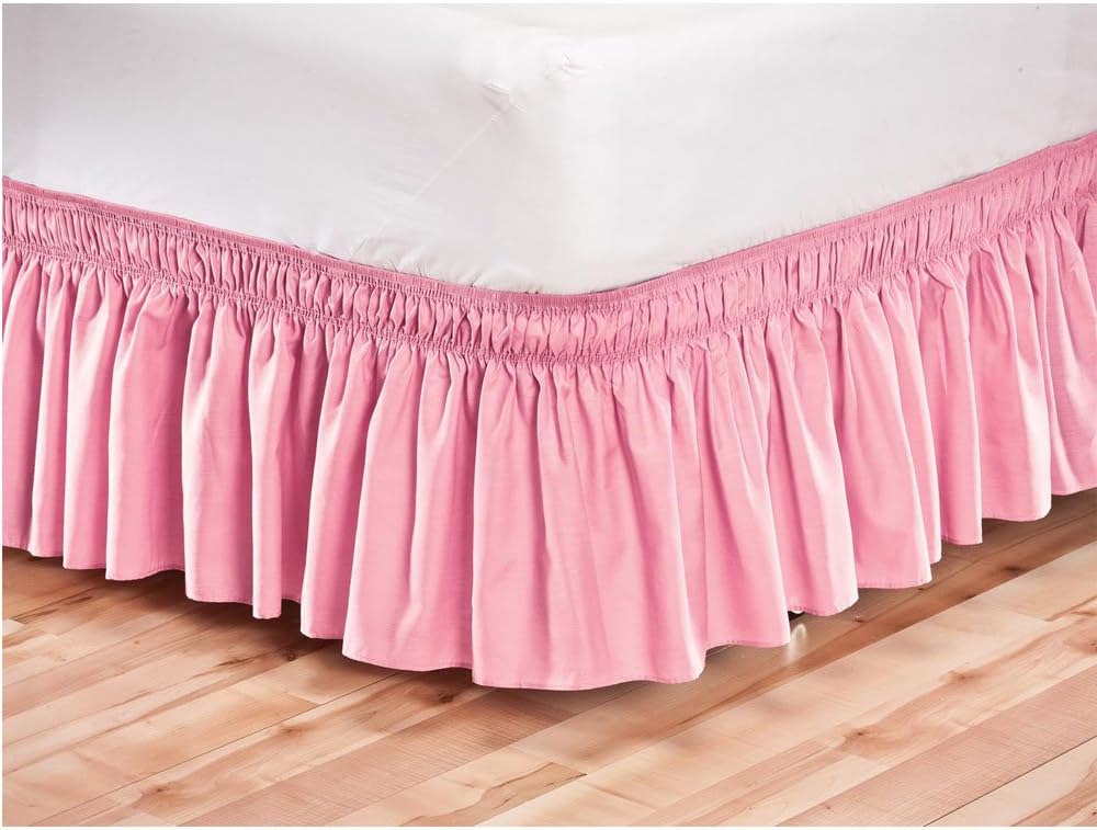 Pleated Three Sides Fabrics Wrap Around Style Egyptian Cotton Elastic 17 inch Drop Dust Bed Skirt for Twin/Full,Queen,King Size Beds(Queen, Pink)