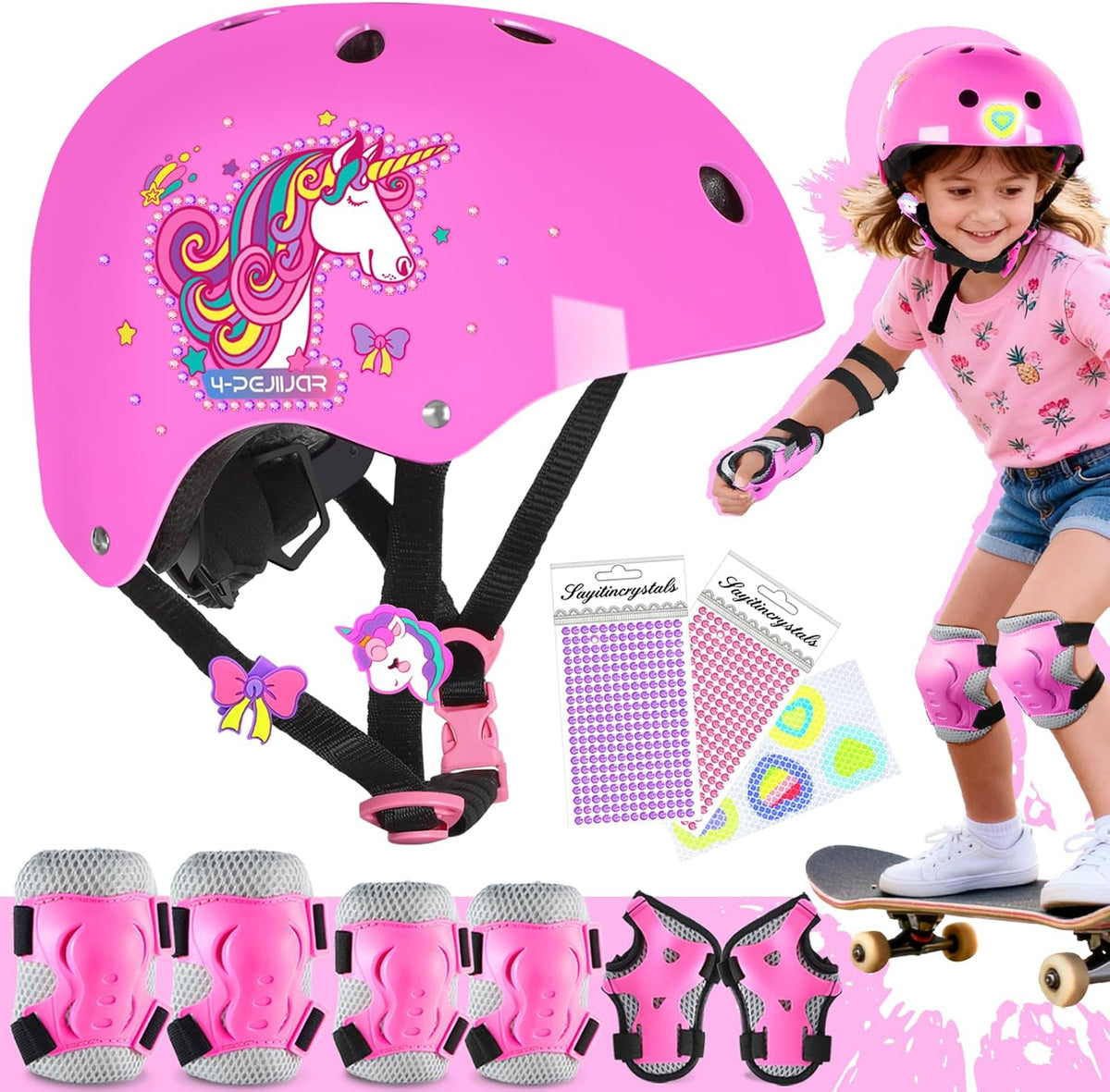 Kids Bike Helmet for Girls,Unicorn Adjustable Toddler Helmets with Knee Pads Wrist Guards and Elbow Pads Set